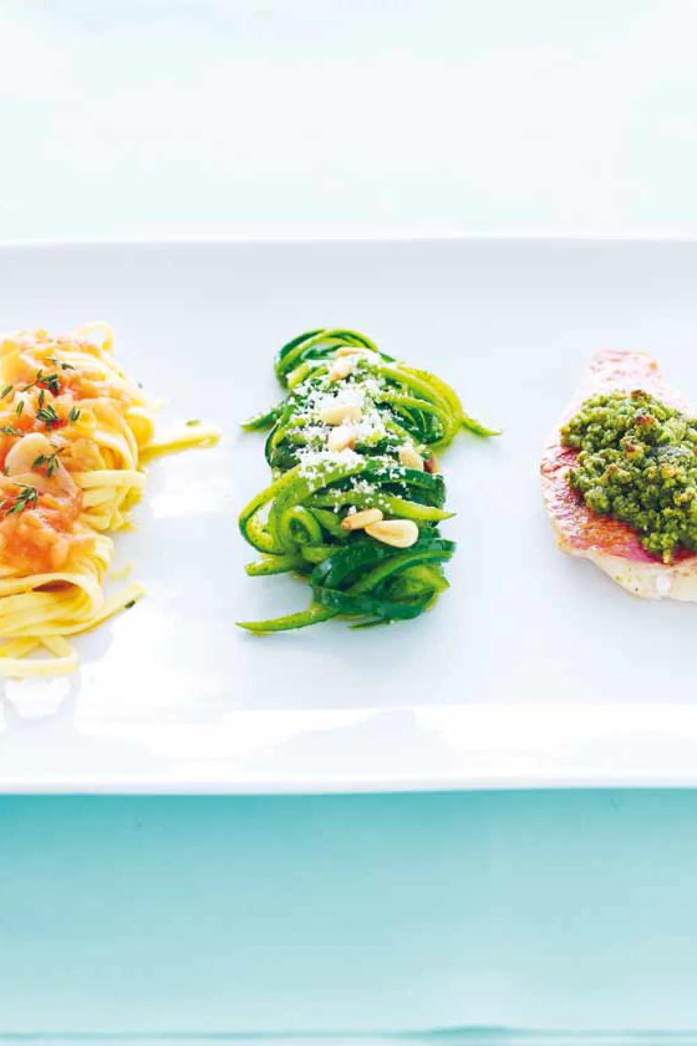 Roodbaars met courgette en pasta
