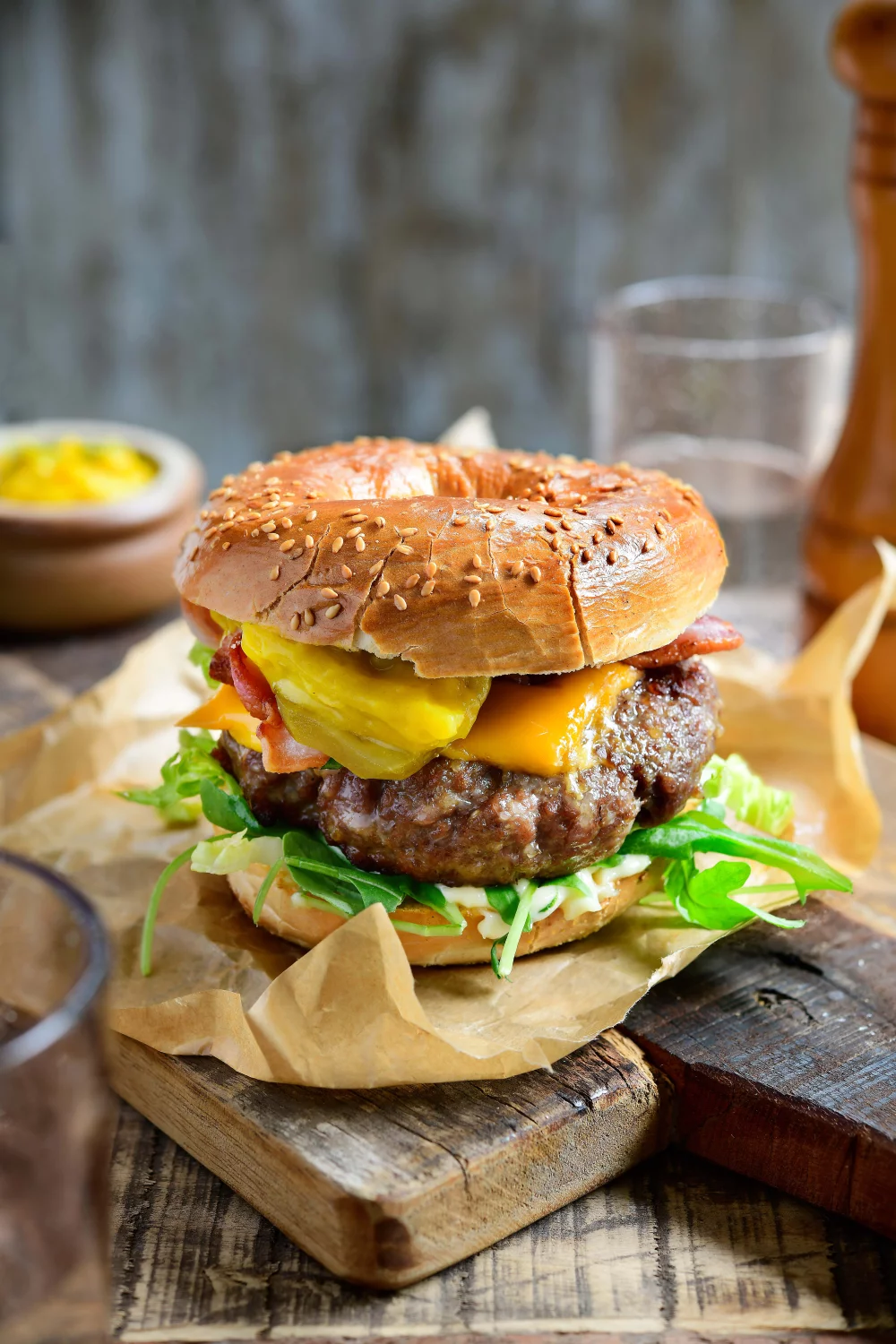 Burger bagel met pickles, cheddar en spek