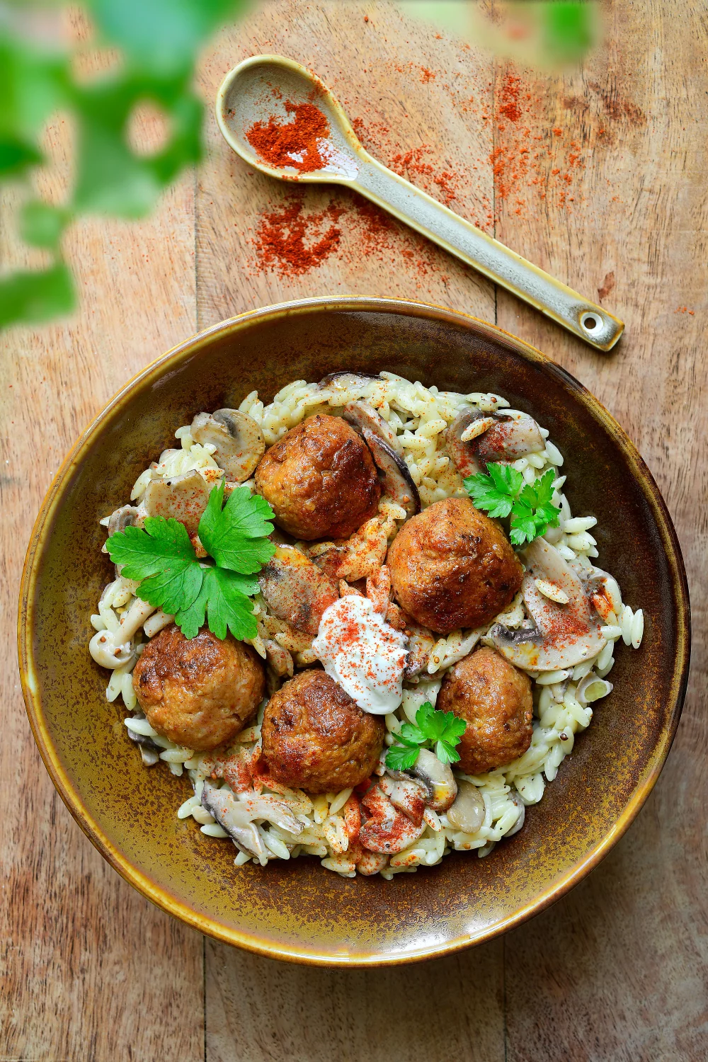 One pot kippenballetjes stroganoff met orzo
