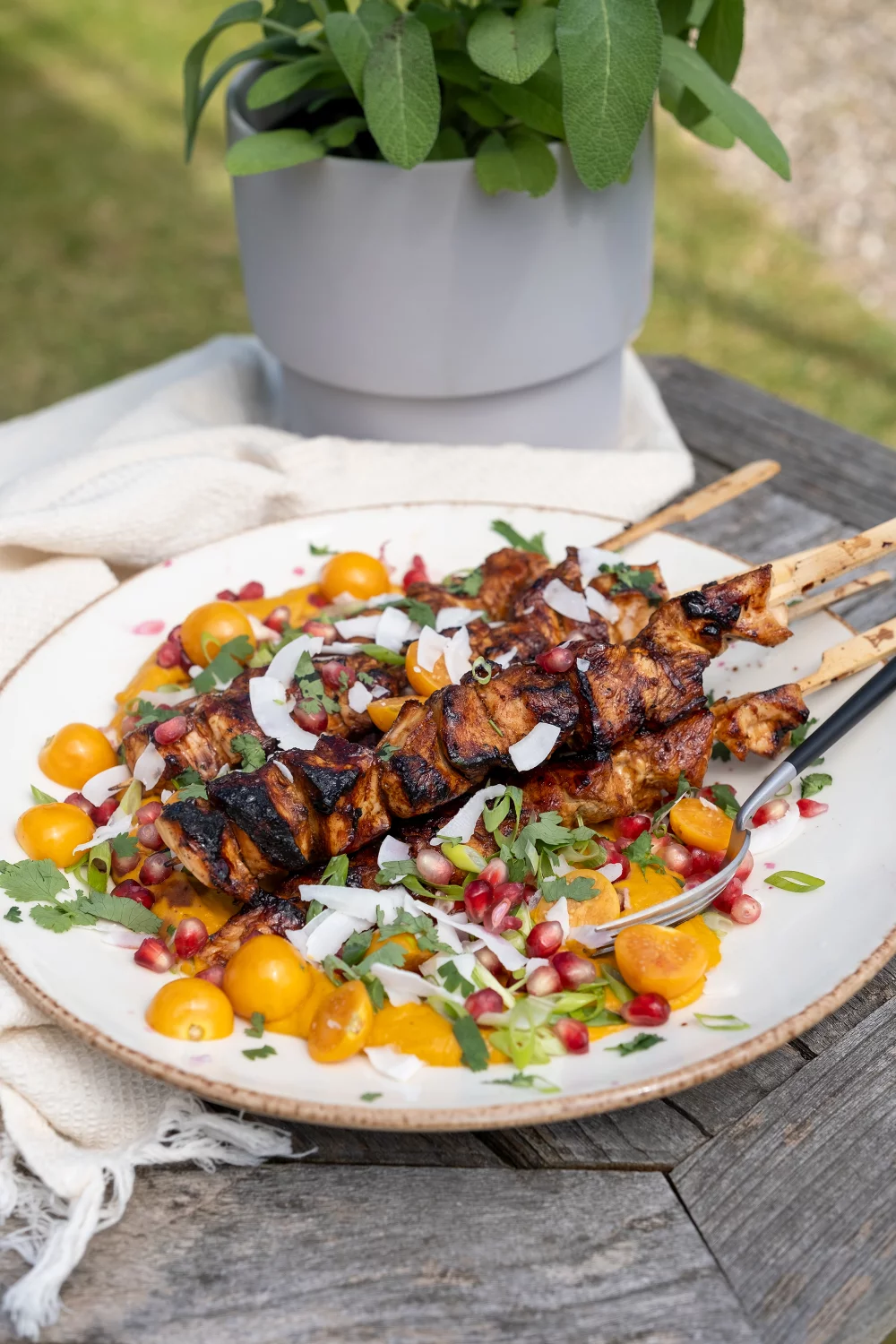 Kipbrochettes met crème van zoete aardappel