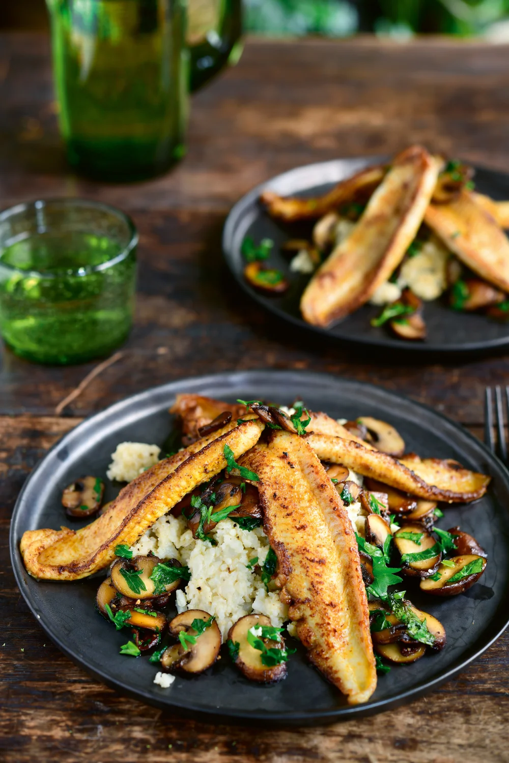 Tongfilets met bloemkoolpuree en champignons