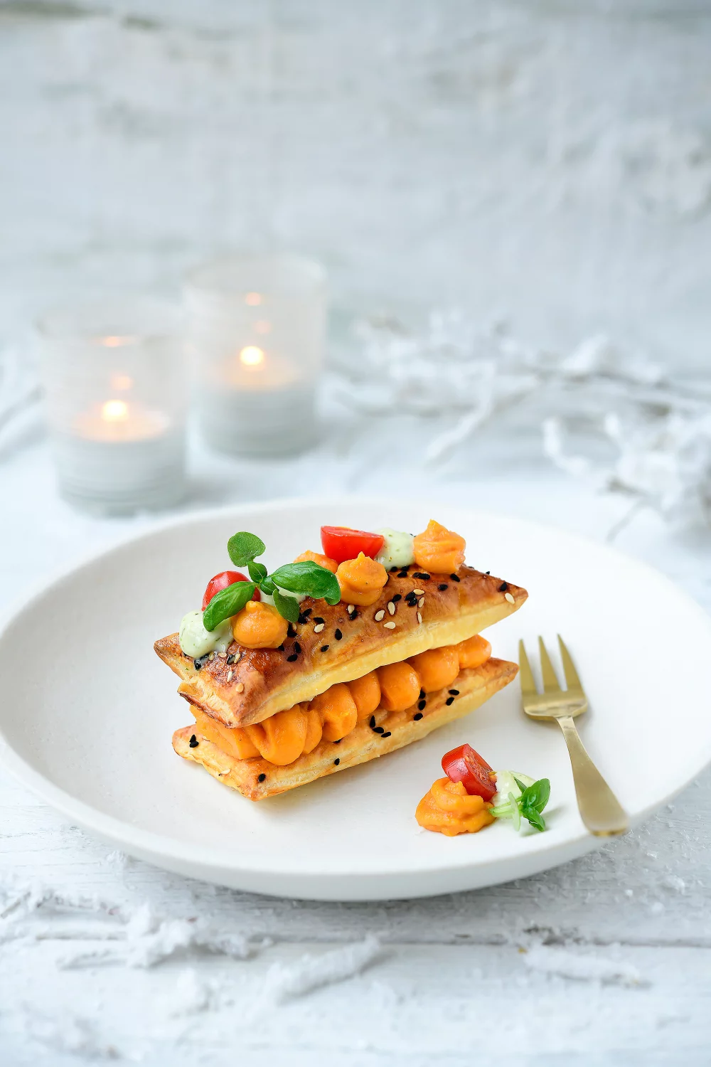 Hartige millefeuille met zoete aardappel