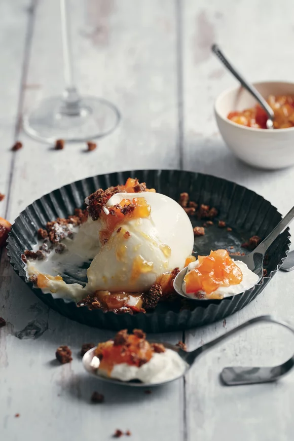 Burrata met bloedsinaasappelmarmelade en roggebroodkruim