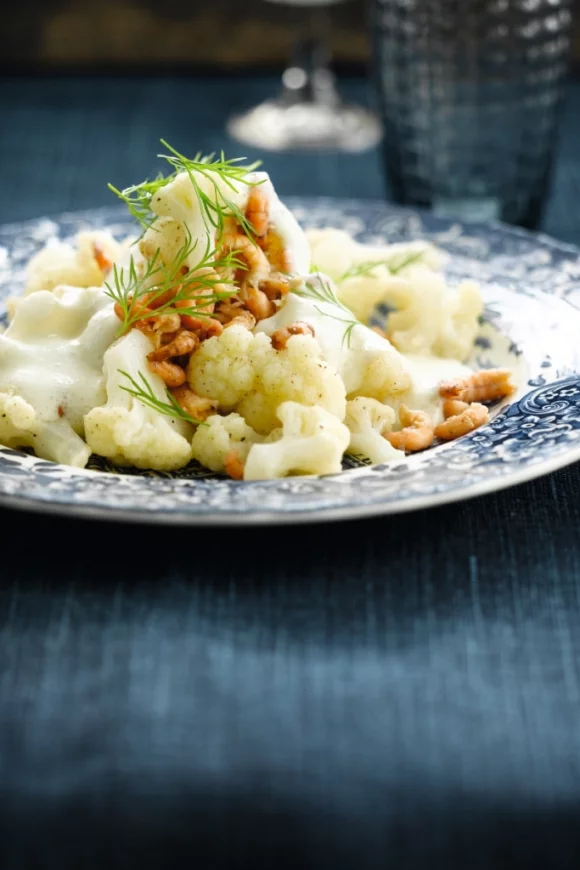 Bloemkool met garnalen en kaasschuim