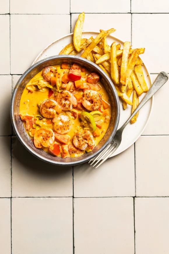 Scampi tikka masala met frietjes