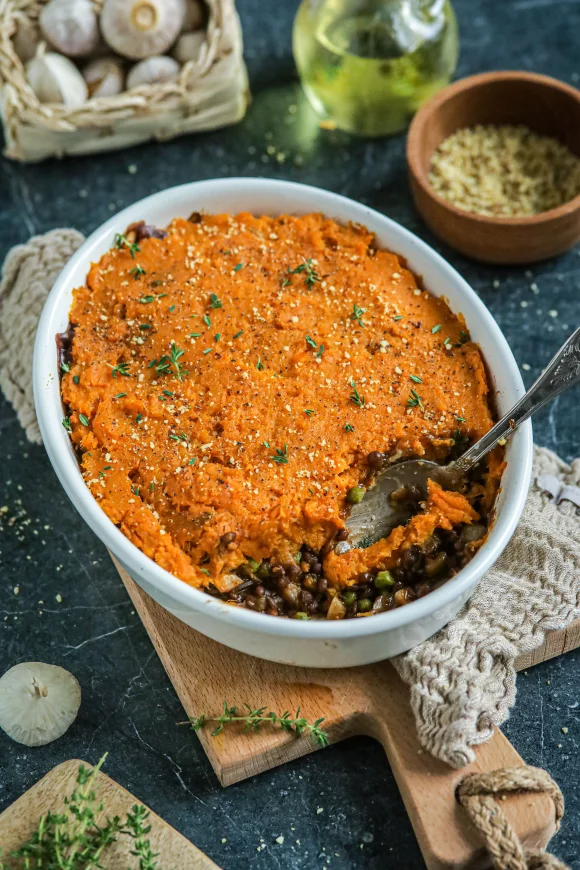 Vegan paddenstoelen Shepherd’s pie met zoete aardappelpuree
