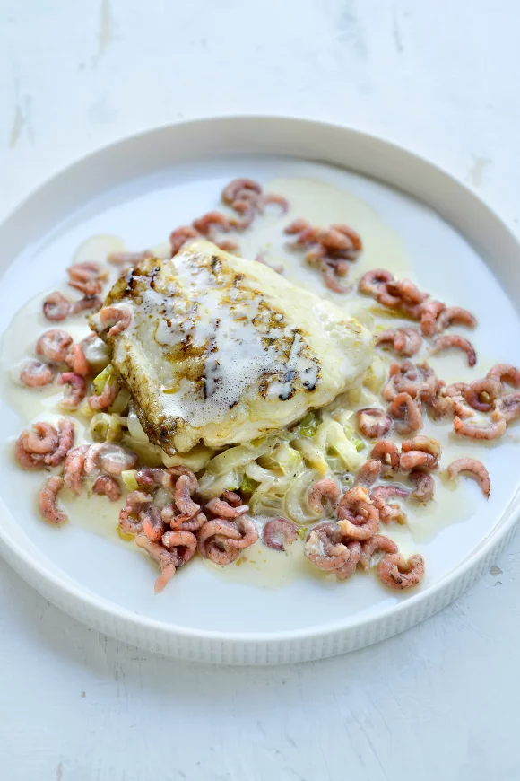 Gegrilde griet met witloof en grijze garnalen