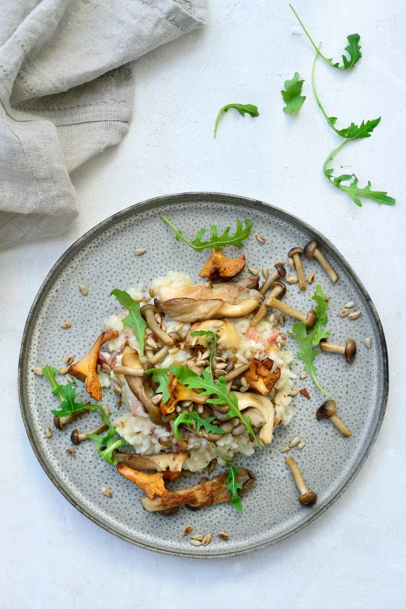 Risotto met champignons, pastinaak en pancetta