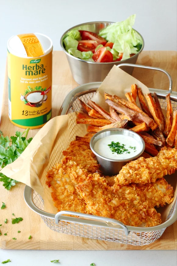 Herbamare Spicy zoete aardappelfrietjes & chicken tenders 