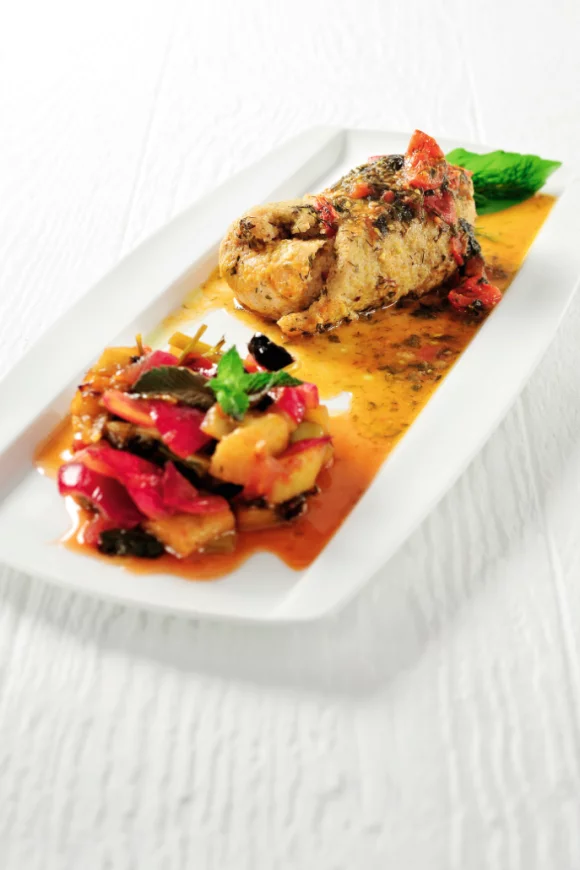 Rolletjes van zwaardvis met caponata van aubergine