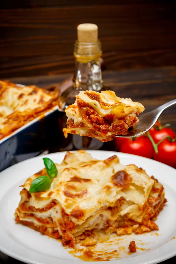 Lasagne legumi met tagliata van rundsvlees