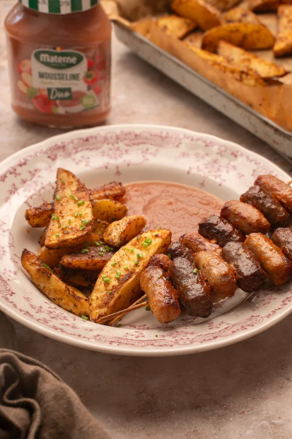 Saté van chipolata met krokante ovenaardappeltjes en mousseline
