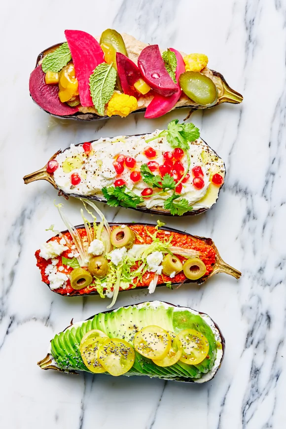 4 x gepofte aubergines met toppings
