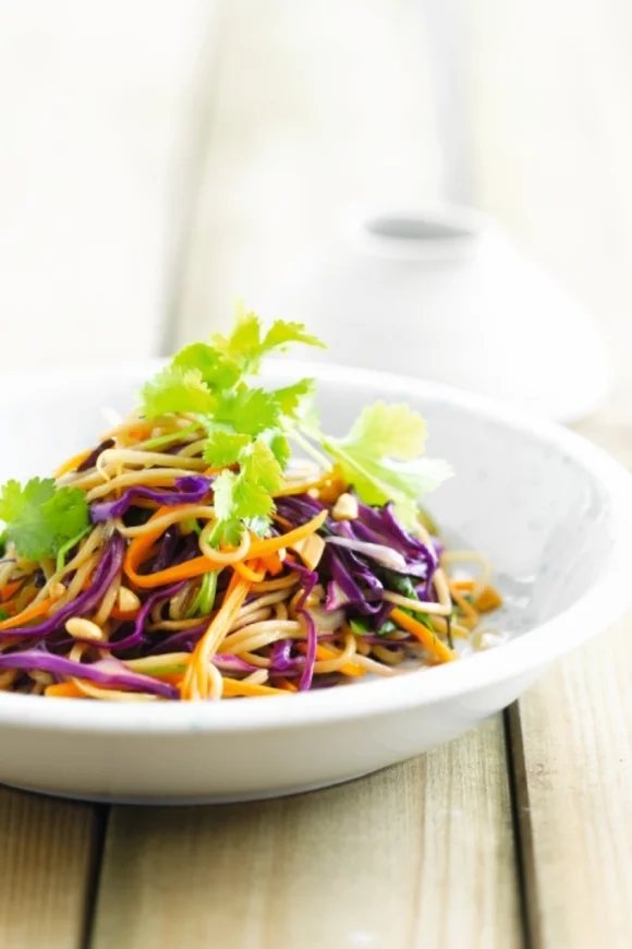 Wok van rode kool en noedels