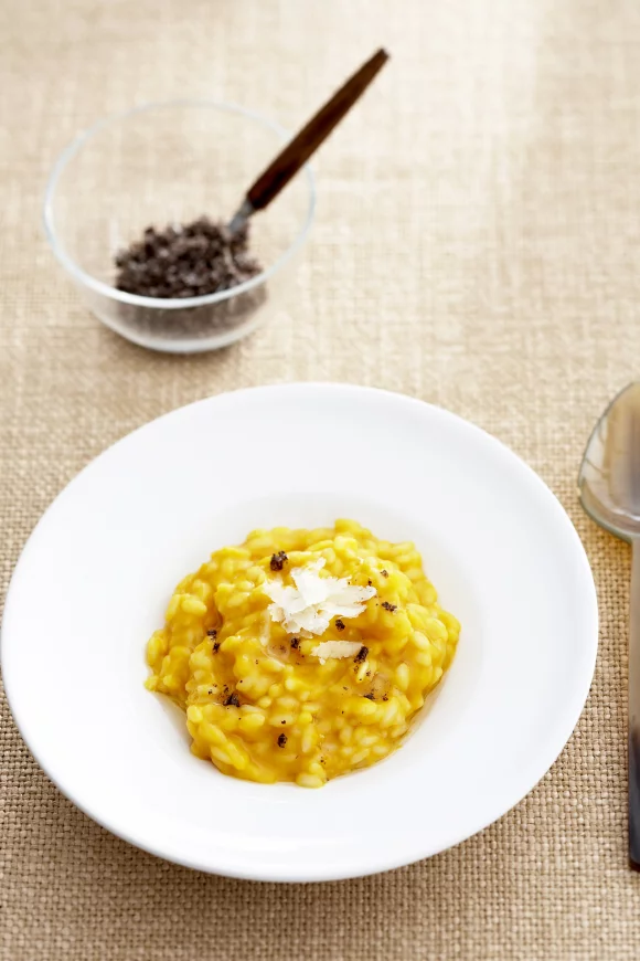 Risotto met pompoen, vanillezout en notenolie