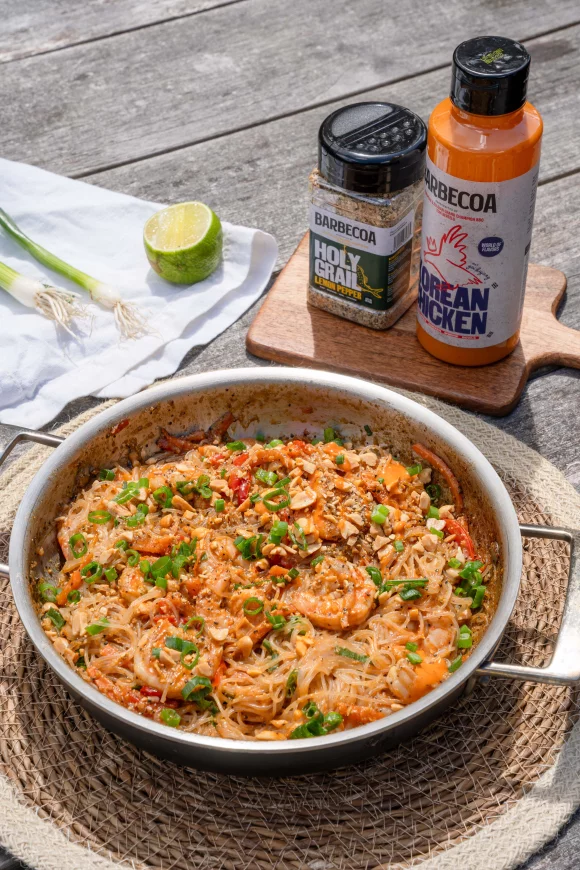 Noedels met scampi op de BBQ 