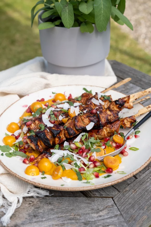 Kipbrochettes met crème van zoete aardappel
