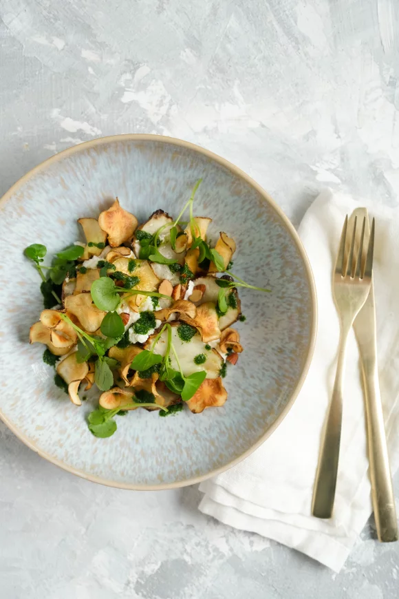 Aardpeer met ricotta en waterkers