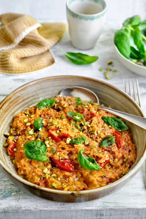 Romige orzo met geroosterde tomaatjes