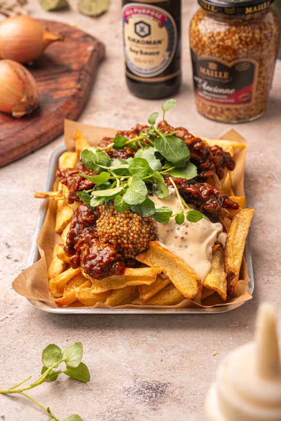 Vegetarisch stoofvlees met seitan en mosterdmayonaise