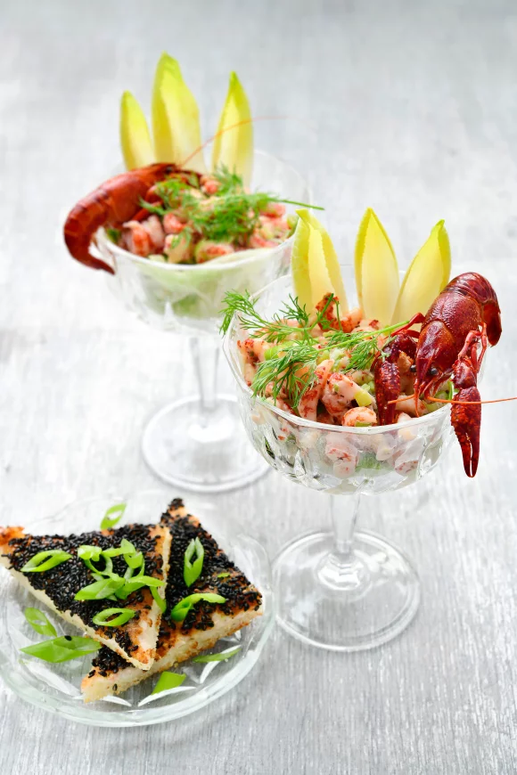 Aziatische rivierkreeftjes cocktail met sesamtoast 