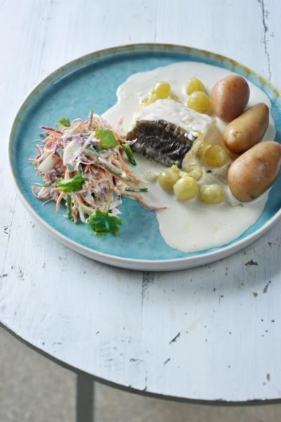 Heilbot met druivensaus en krieltjes