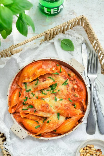 Gegratineerde pastaschelpen met tomaat-mascarponesaus