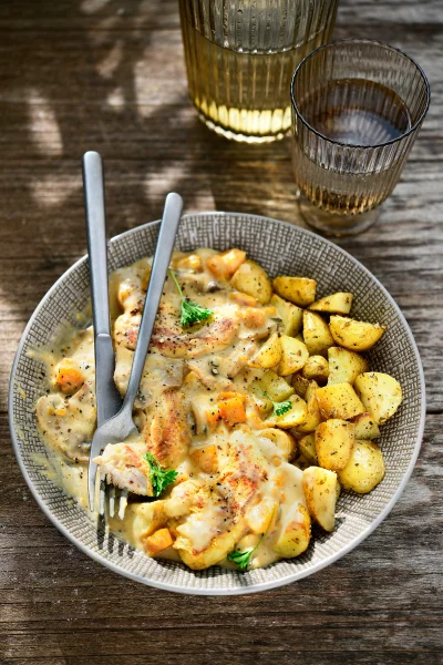 Kip met butternut in champignonroomsaus