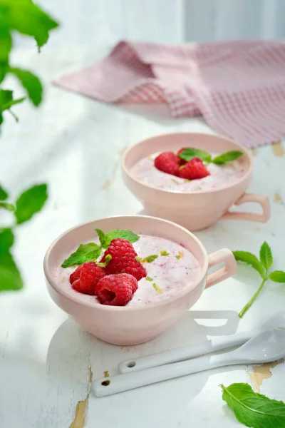 Frambozenmousse met limoen en munt