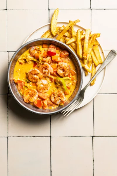 Scampi tikka masala met frietjes