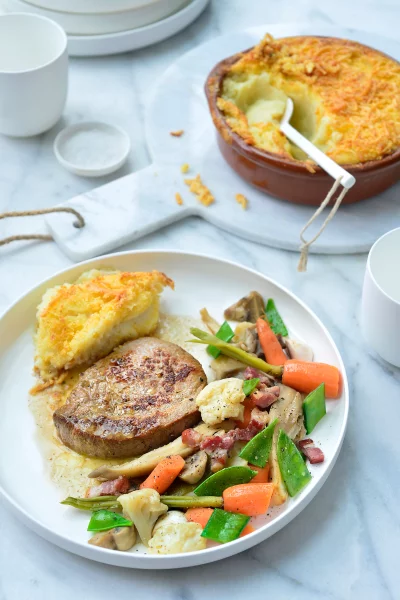 Kalfslende met groentjes op grootmoeders wijze